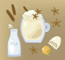 Cup with eggnog drink, cinnamon and egg. Flat design for card or banner. vector