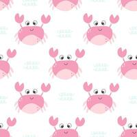 Cute pink crab vector seamless pattern. Sea life childish flat cartoon background.