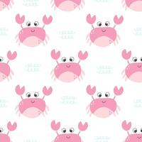 Cute pink crab vector seamless pattern. Sea life childish flat cartoon background.