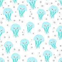 Cute blue jellyfish vector seamless pattern. Sea life childish flat cartoon background.