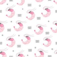 Cute pink shrimp vector seamless pattern. Sea life childish flat cartoon background.