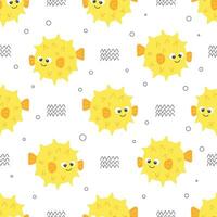 Cute yellow blow fish vector seamless pattern. Sea life childish flat cartoon background.