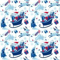 Santa Claus rides a sleigh through the winter forest. Christmas Is Coming. Cute seamless pattern. Vector. vector