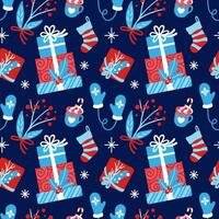 Gift boxes and presents on christmas and new year on blue background. Christmas print. Seamless pattern. Vector