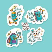 Back to school. Stickers funny characters, backpack, textbook, notebook, pencil. School supplies. Vector. vector