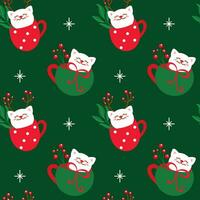 Christmas cups with cute cat. Funny print. Seamless pattern. vector