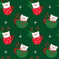 Christmas cups with cute cat. Funny print. Seamless pattern. vector