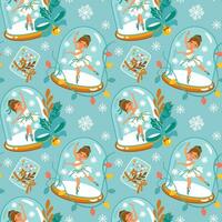 Christmas snow globe with little ballerina. Seamless pattern on blue background. Vector. vector