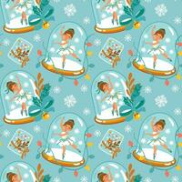 Christmas snow globe with little ballerina. Seamless pattern on blue background. Vector. vector