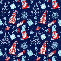 Christmas gnomes, gifts, tree, snowflakes. Celebration,  christmas ornament, vector. Christmas pattern for fabric, wrapping, textile, wallpaper, apparel. vector