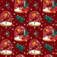 Christmas snow globe with ballerina. Christmas tree. Seamless pattern on red background. Vector. vector