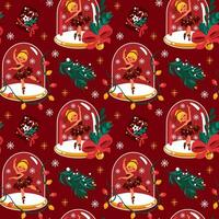 Christmas snow globe with ballerina. Christmas tree. Seamless pattern on red background. Vector. vector