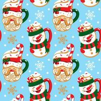 Christmas cups in the shape of a Santa Clausand snowman. Cute print. Seamless pattern. vector