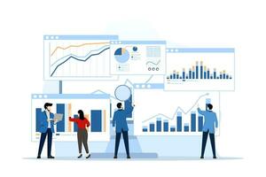 analytics and monitoring concept, business team on web reporting dashboard monitoring, and data analysis research for business financial planning. flat vector illustration design on white background.