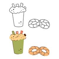 Cocoa with foam and cookies. Black and white and color clipart vector illustration.