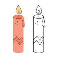 Pink candle. Black and white and color clipart vector illustration.