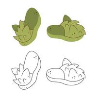 Fluffy slippers with ears. Black and white and color clipart vector illustration.