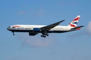 British Airways passenger plane at airport. Schedule flight travel. Aviation and aircraft. Air transport. Global international transportation. Fly and flying. photo