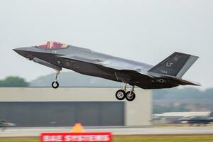 United States Air Force USAF Lockheed F-35A Lightning 15-5164 fighter jet arrival and landing for RIAT Royal International Air Tattoo 2018 airshow photo