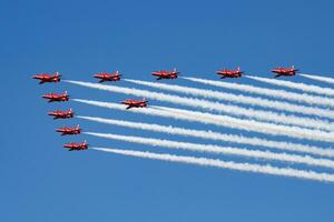 Royal Air Force aerobatic team Red Arrows with BAe Hawk trainer jets at RIAT Royal International Air Tattoo 2018 airshow photo