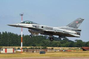 Polish Air Force Lockheed Martin F-16C Fighting Falcon 4055 fighter jet aircraft arrival and landing for RIAT Royal International Air Tattoo 2018 airshow photo