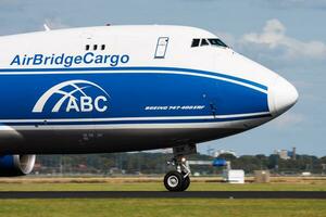 AirBridgeCargo Airlines Boeing 747-400 VP-BIK cargo plane arrival and landing at Amsterdam Schipol Airport photo