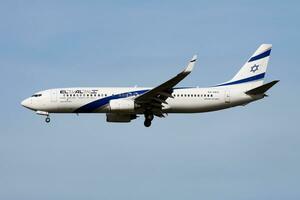 EL AL Israel Airlines passenger plane at airport. Schedule flight travel. Aviation and aircraft. Air transport. Global international transportation. Fly and flying. photo