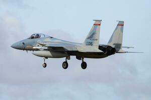 United States Air Force USAF McDonnell Douglas F-15C Eagle 82-0016 fighter jet arrival and landing at Leeuwarden Air Base for Frisian Flag 2015 Air Exercise photo