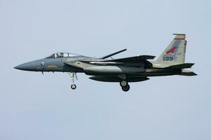 United States Air Force USAF McDonnell Douglas F-15C Eagle 84-0031 fighter jet arrival and landing at Leeuwarden Air Base for Frisian Flag 2015 Air Exercise photo