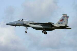 United States Air Force USAF McDonnell Douglas F-15C Eagle 84-0031 fighter jet arrival and landing at Leeuwarden Air Base for Frisian Flag 2015 Air Exercise photo