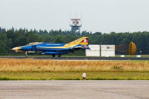 Military fighter jet plane at air base. Air force flight operation. Aviation and aircraft. Air defense. Military industry. Fly and flying. photo