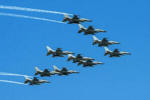 Military fighter jet plane at air base. Air force flight operation. Aviation and aircraft. Air defense. Military industry. Fly and flying. photo