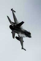 Military fighter jet plane at air base. Air force flight operation. Aviation and aircraft. Air defense. Military industry. Fly and flying. photo