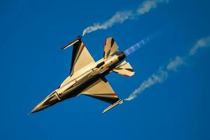 Military fighter jet plane at air base. Air force flight operation. Aviation and aircraft. Air defense. Military industry. Fly and flying. photo