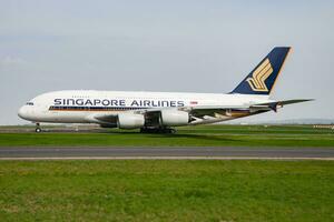 Singapore Airlines Airbus A380 9V-SKD passenger plane departure and take off at Paris Charles de Gaulle Airport photo