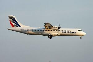 Air France passenger plane at airport. Schedule flight travel. Aviation and aircraft. Air transport. Global international transportation. Fly and flying. photo