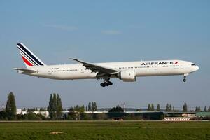 Air France passenger plane at airport. Schedule flight travel. Aviation and aircraft. Air transport. Global international transportation. Fly and flying. photo