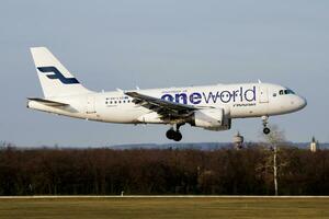 Finnair passenger plane at airport. Schedule flight travel. Aviation and aircraft. Air transport. Global international transportation. Fly and flying. photo