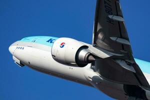 Korean Air cargo plane at airport. Air freight and shipping. Aviation and aircraft. Transport industry. Global international transportation. Fly and flying. photo