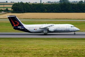 Brussels Airlines passenger plane at airport. Schedule flight travel. Aviation and aircraft. Air transport. Global international transportation. Fly and flying. photo
