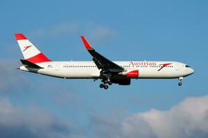 Austrian Airlines Boeing 767-300 OE-LAZ passenger plane arrival and landing at Vienna Airport photo