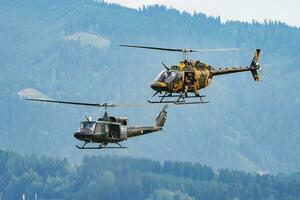 Military helicopter at air base. Air force flight operation. Aviation and aircraft. Air defense. Military industry. Fly and flying. photo