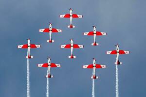 Military trainer plane at air base. Air force flight operation. Aviation and aircraft. Air defense. Military industry. Fly and flying. photo