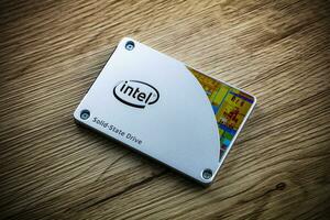 Intel computer hardware brand logo. IT and Information technology. PC and tech. Product photo and photography.