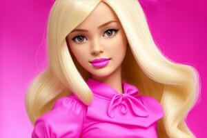 Barbie blonde doll. Cute blond girl portrait. Pink outfit and clothes. Make up and lipstick. Toy style. photo