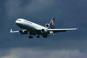 Lufthansa cargo plane at airport. Air freight shipping. Aviation and aircraft. Air transport. Global international transportation. Fly and flying. photo