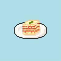 Illustration vector graphic of lasagna on a plate in pixel art style