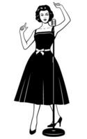 Singer Woman 50s. Black and white ink style vector clipart. Microphone with stand is the separate object.