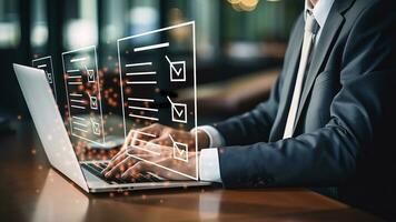 businessman using laptop computer with virtual checklist document with check mark sign. quality control for success business concept. generative AI photo