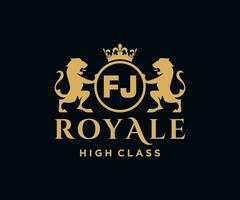 Golden Letter FJ template logo Luxury gold letter with crown. Monogram alphabet . Beautiful royal initials letter. vector